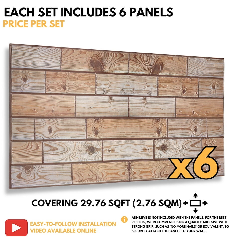 image 1 of NOVECRAFTO Faux Wood Wall Panels – 6 PVC Sheets, Covers 2.76 sqm (29.76 sq ft), 96x48cm Each – Natural Oak Wood Effect Cladding, Moisture Resistant