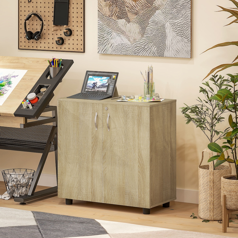 image 1 of Vinsetto Filing Cabinet with Locking Doors & Shelves, 2-Tier Lockable Storage Cabinet with 2 Keys for Home Office, 80W x 40D x 80H cm, Oak