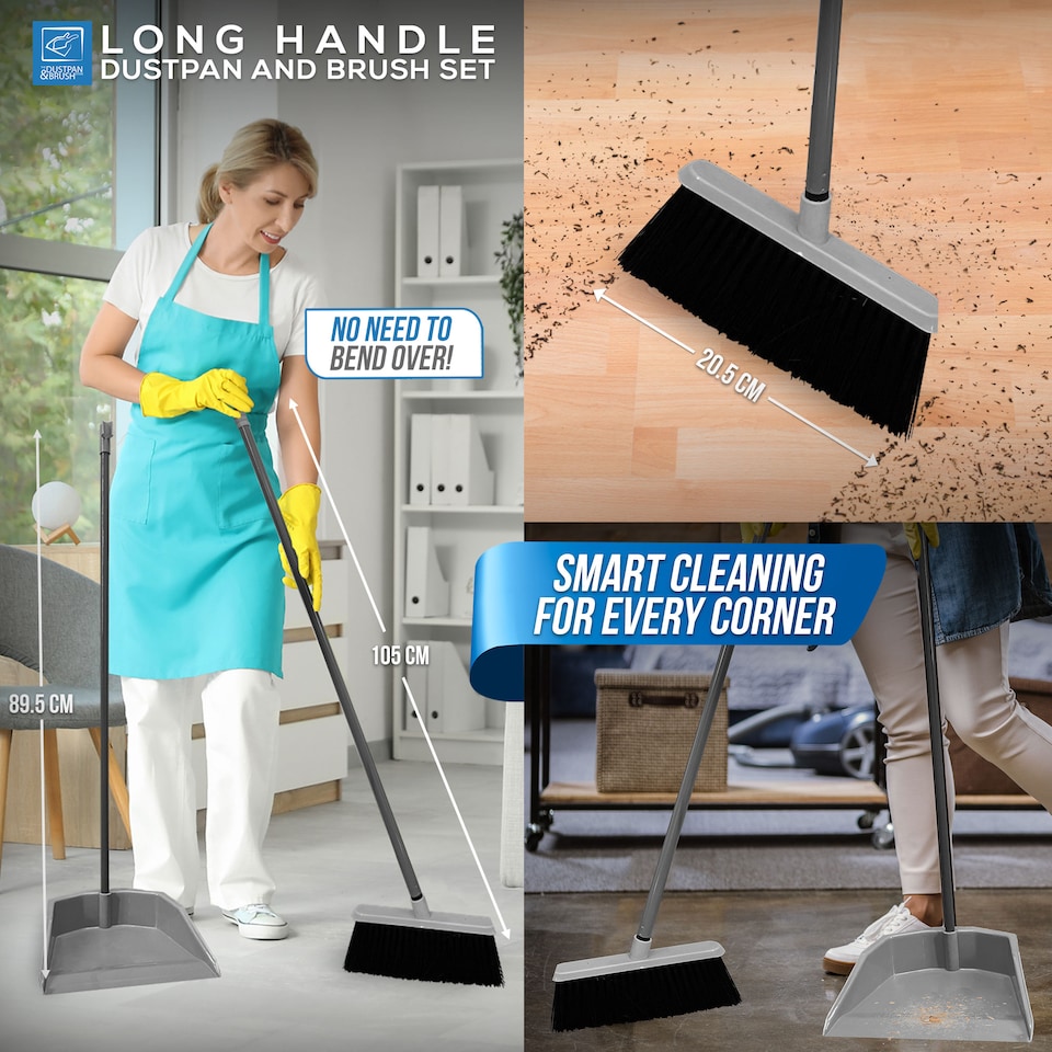 image 1 of Long Handled Upright Dustpan and Brush Set Ergonomic Standing Sweeper