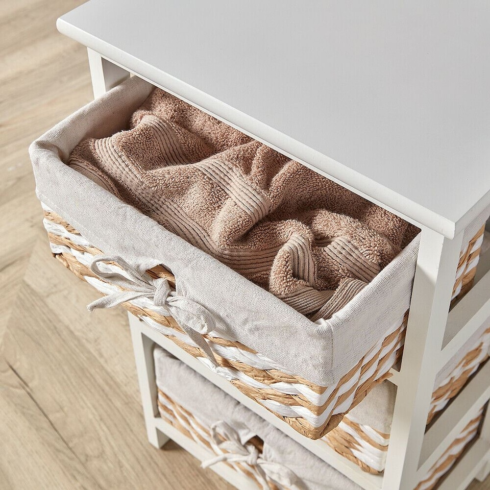 image 1 of Wooden Storage Unit 3 Drawer Wicker Basket Chest Organiser White Fully Assembled