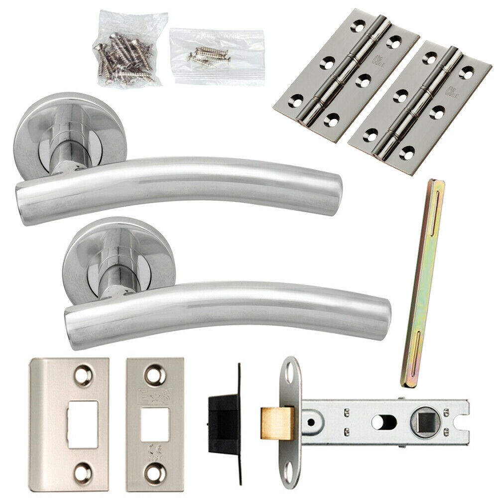 Loops Door Handle & Latch Pack Polished Steel Arched Lever Screwless Round Rose in Metallics