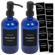 Harbour Housewares Glass Soap Dispensers with Labels - 500ml - Blue/Black - Pack of 2