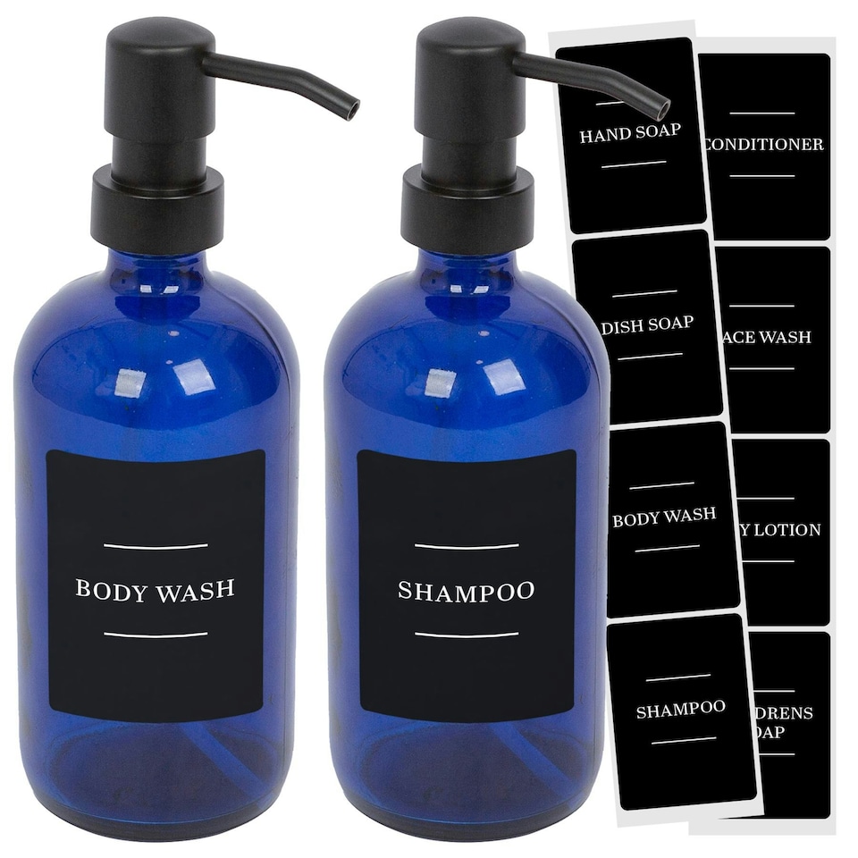 image 1 of Harbour Housewares Glass Soap Dispensers with Labels - 500ml - Blue/Black - Pack of 2