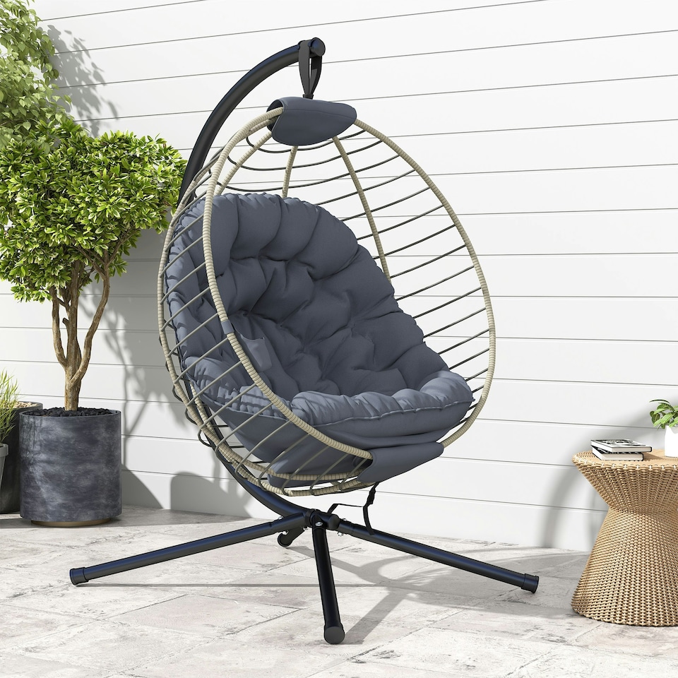 image 1 of Outsunny PE Rattan Hanging Swing Chair w/ Stand & Cup Holder, Grey | Grey | One Size
