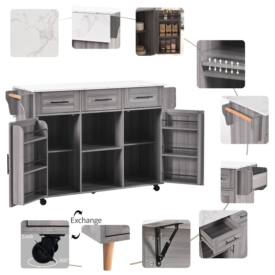 image 1 of VILUXE Mobile Kitchen Island with Foldable Marble-Effect Worktop, 3 Drawers, Adjustable Storage, Towel Holder, Wheels and Solid Wood Feet, Grey