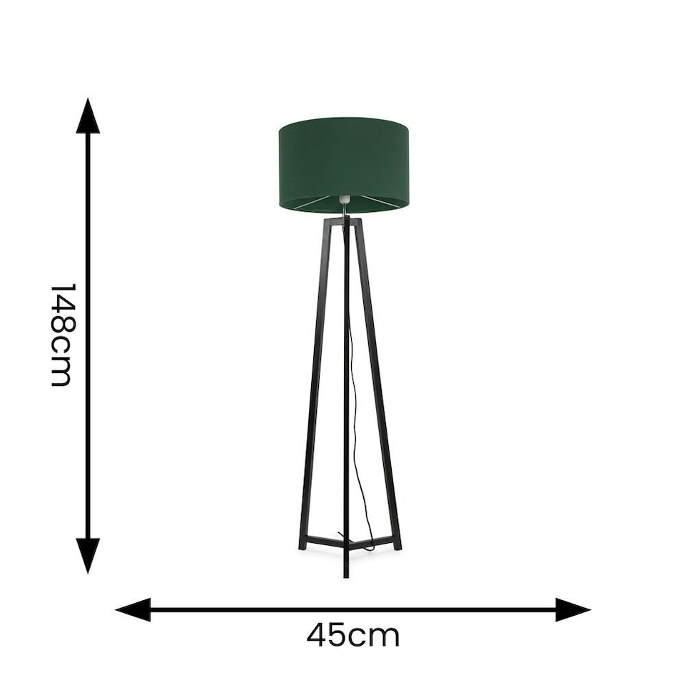 image 1 of ValueLights Lottie Black Wood Tripod Floor Lamp with Green Fabric Drum Shade | Green