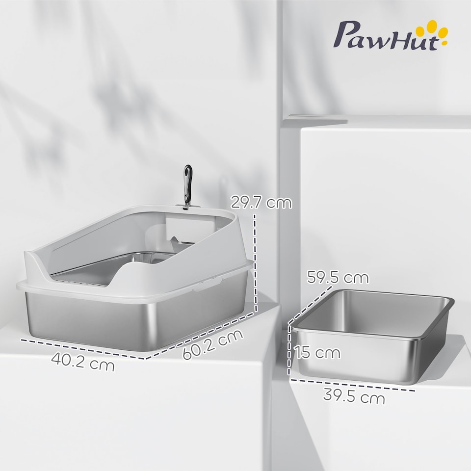 image 1 of PawHut XL Stainless Steel Cat Litter Box with High Sides, 60 x 40 x 30 cm Grey