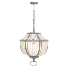 Interiors by Premier White Grey Wooden Bead Chandelier, Rustic Boho Hanging Light Fixture, Handmade Basket Drop Pendant Grey