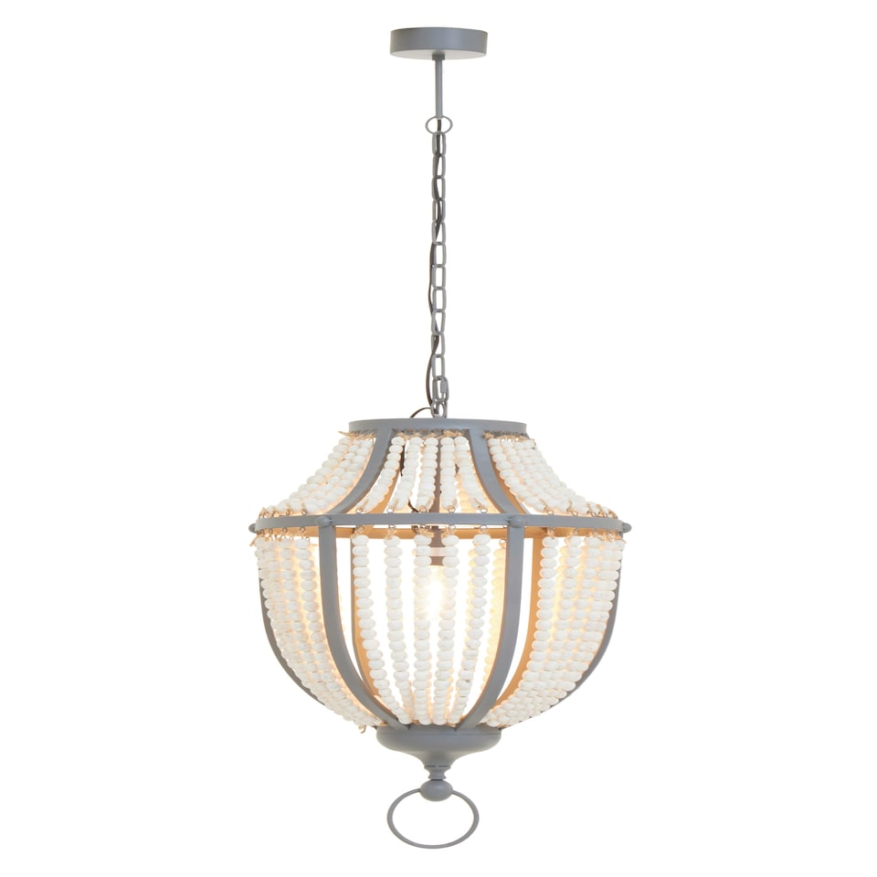 image 1 of Interiors by Premier White Grey Wooden Bead Chandelier, Rustic Boho Hanging Light Fixture, Handmade Basket Drop Pendant Grey