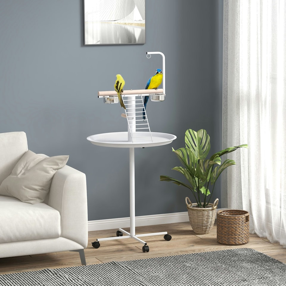 image 1 of PawHut Bird Table with Four Wheels, Perches, Stainless Steel Bowls, Round Tray