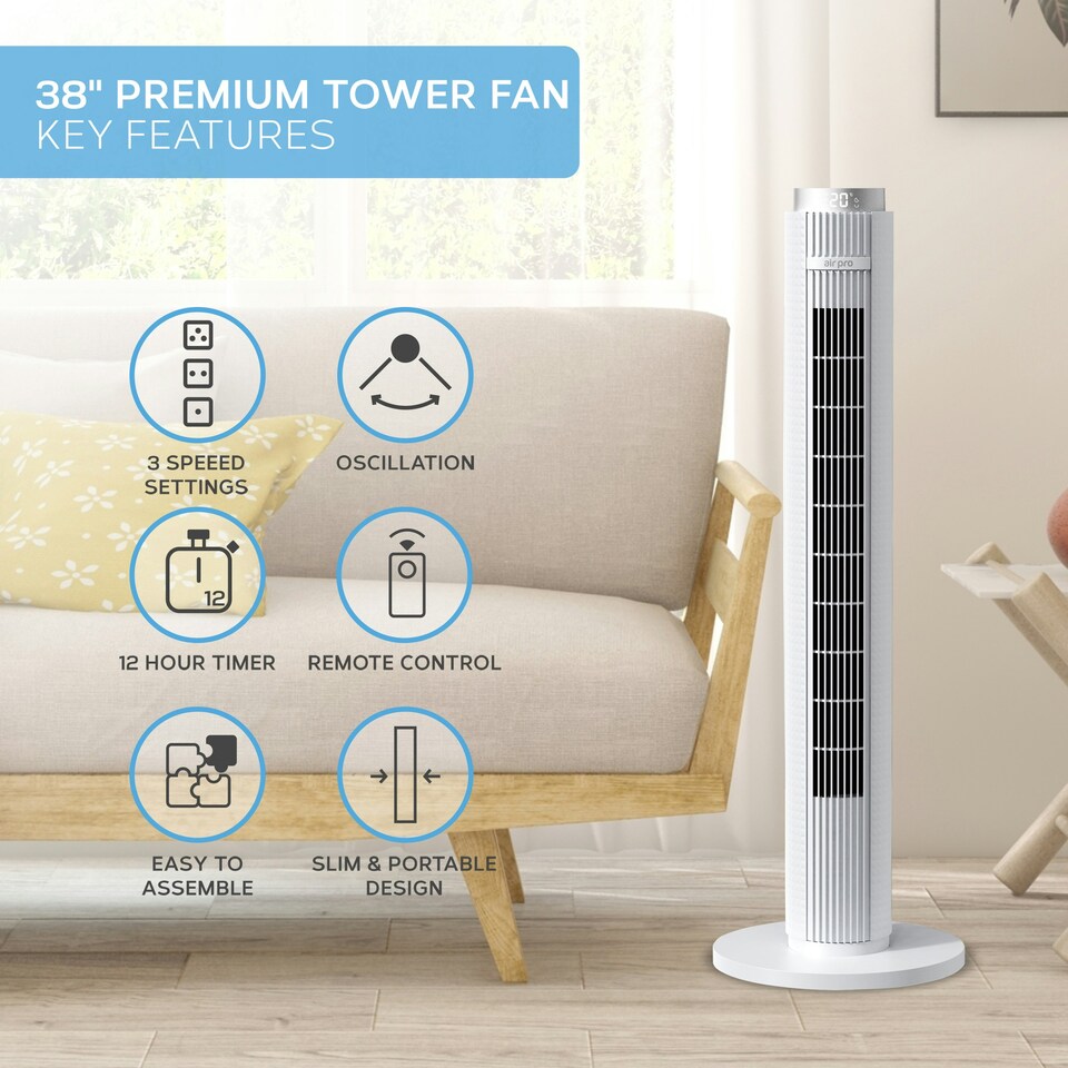 image 1 of Air Pro Smart 38" Tower Fan - Oscillating Bladeless Fan with Remote Control - White