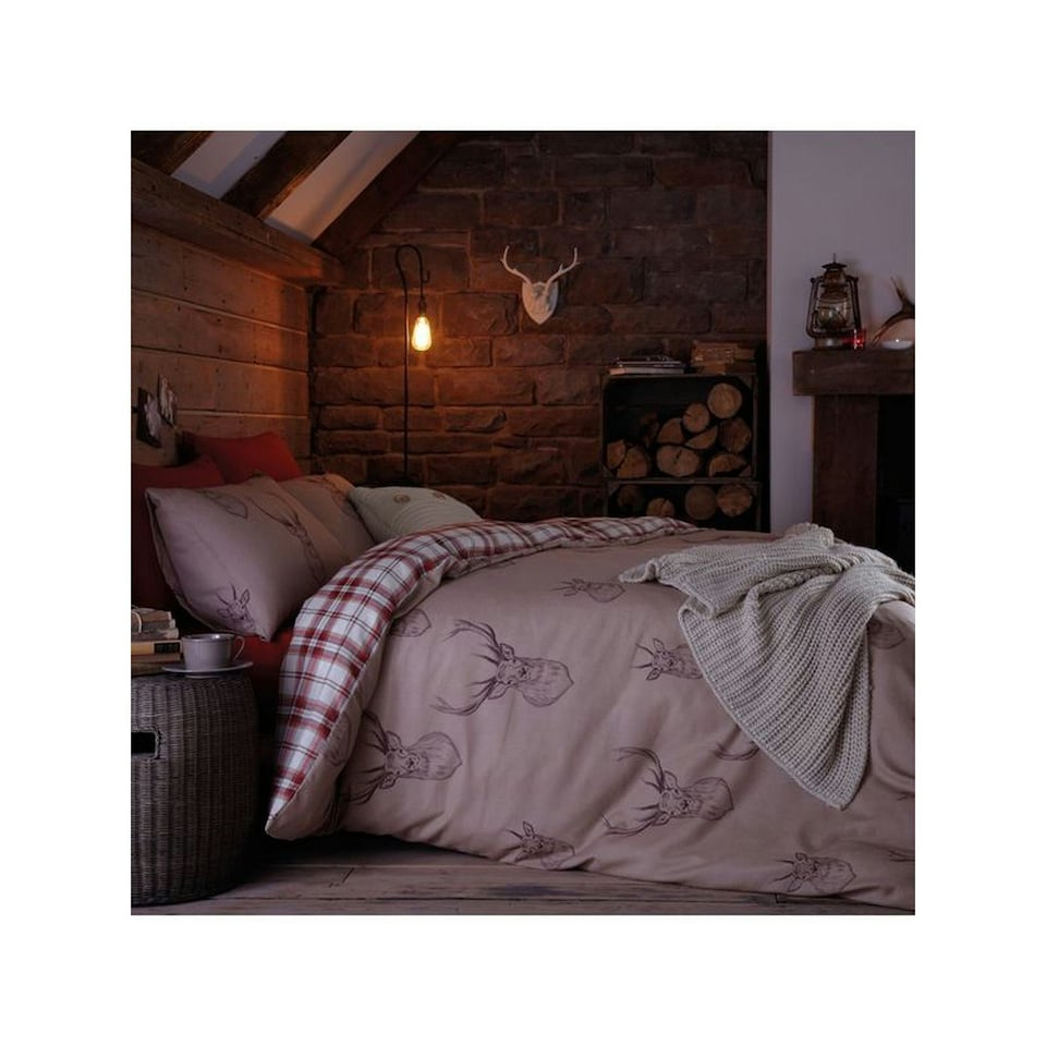 image 1 of Catherine Lansfield Stag Duvet Cover Set - Beige/Cream/Red - Double | Brown | Double