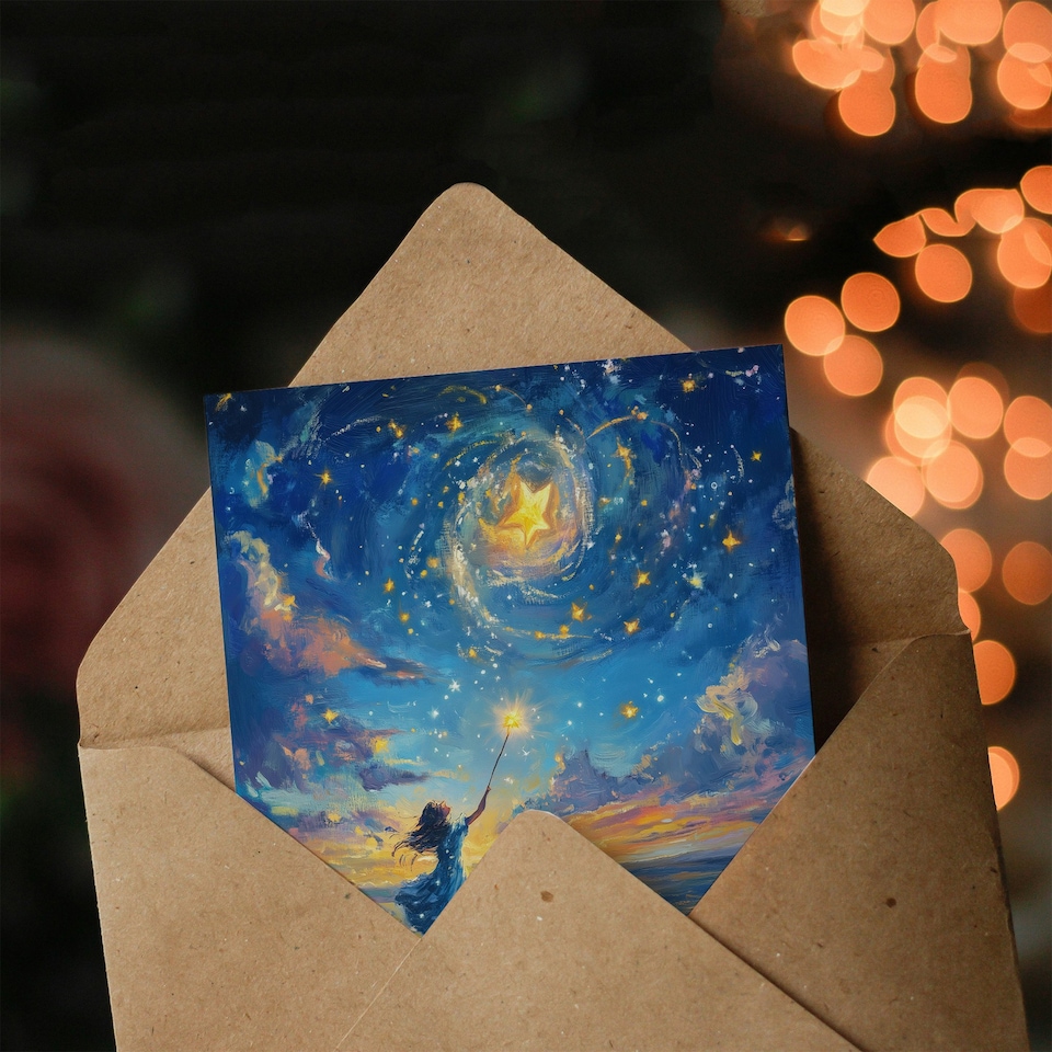 image 1 of Wish Upon A Star Magical Sky Beach Fantasy Art Birthday Greeting Card