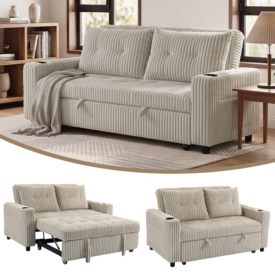 image 1 of HOMCOM Corduroy Click Clack Sleeper Sofa with Pull Out Design, Cream White