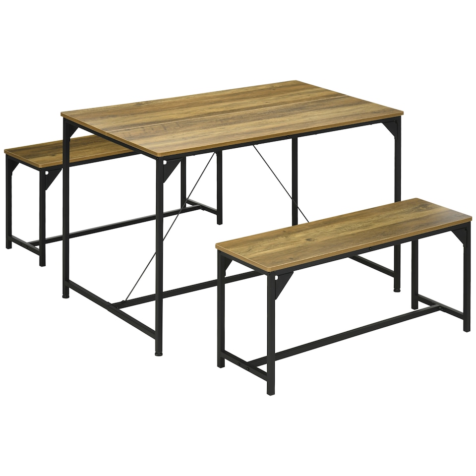 image 1 of HOMCOM Dining Table and Bench Set for 4, Kitchen Table with 2 Benches, Space Saving Dining Room Sets, Natural