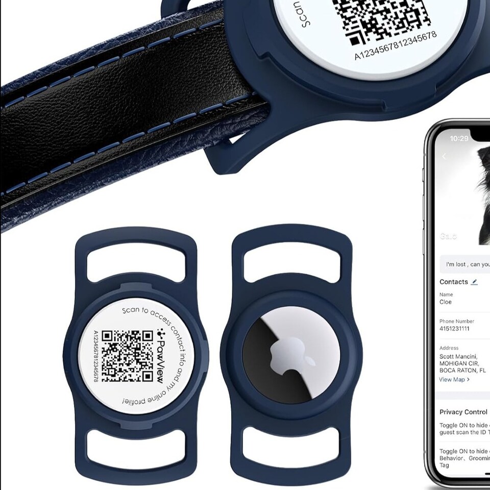 image 1 of AirTag Dog Collar Holder & Free App Pet Tracker Smart QR ID