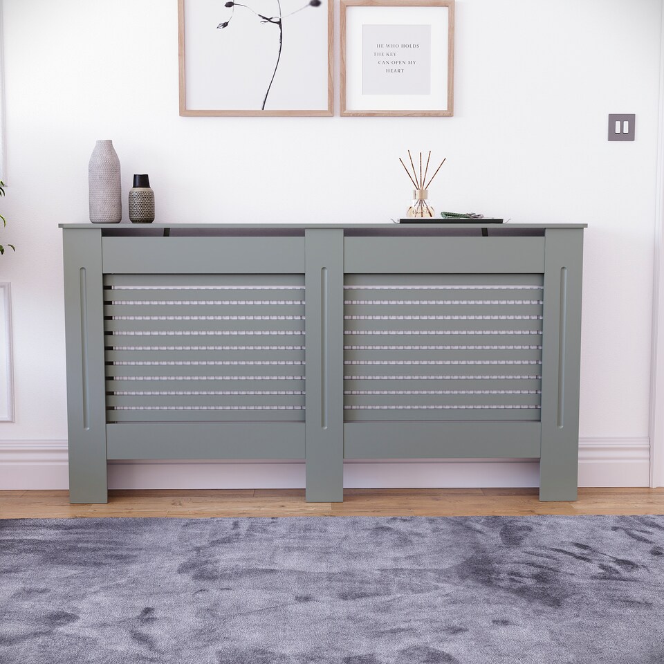 image 1 of Vida Designs Milton Radiator Cover Painted MDF Slatted Cabinet, Grey, 152cm