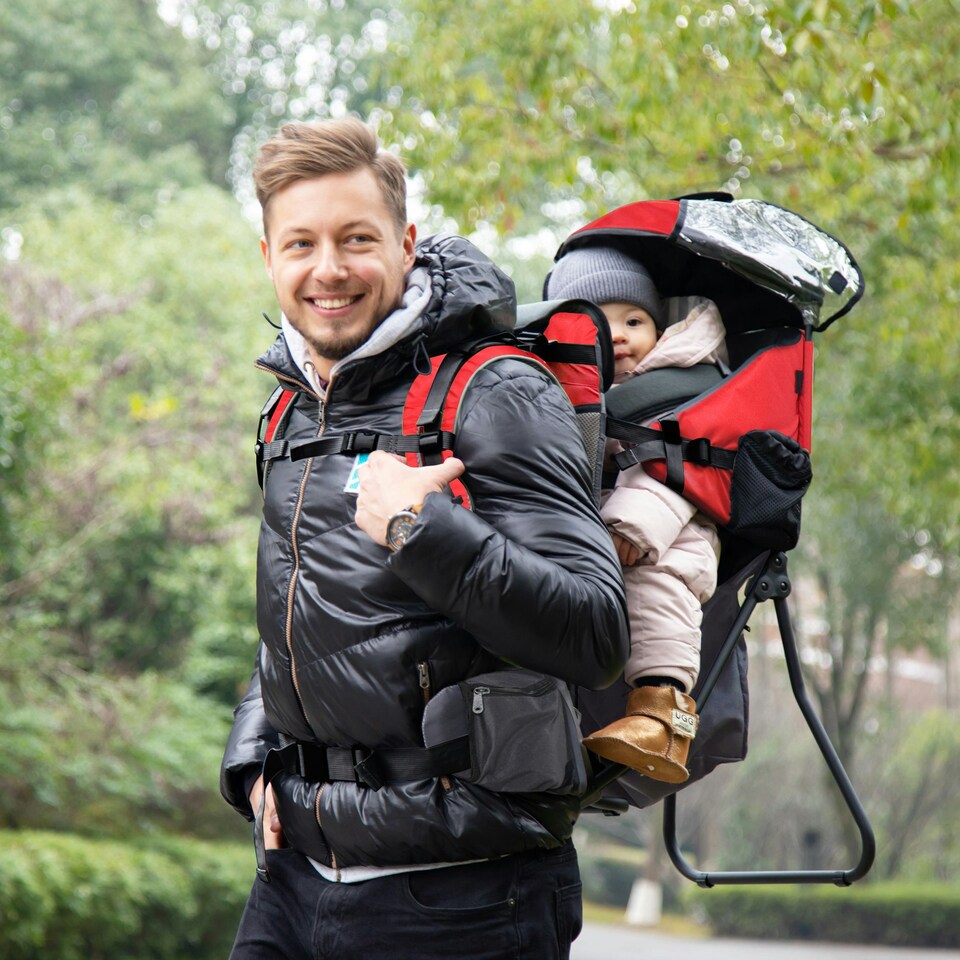 image 1 of HOMCOM Baby Hiking Backpack Carrier w/ Detachable Rain Cover for Toddlers Red Red | One Size