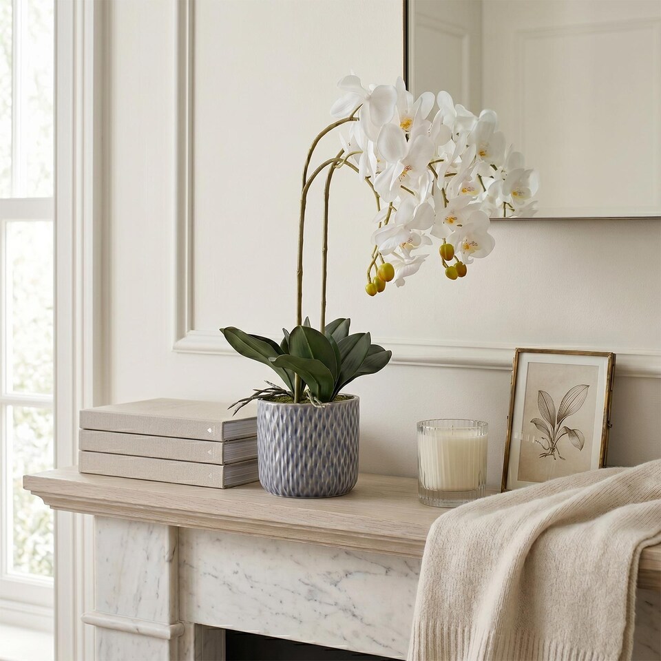 image 1 of Homescapes Artificial White Orchid in Blue Ceramic Pot