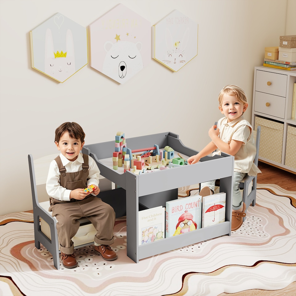 image 1 of COSTWAY Kids Table & Chairs Set 4 in 1 Toddler Table Grey