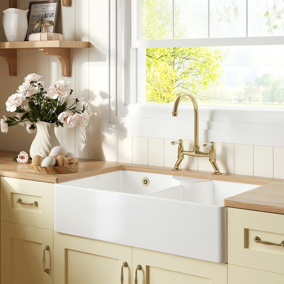 image 1 of Fireclay Double Bowl Stepped Weir Butler Sink Bundle - 895mm with Wastes & Bridge Lever Tap - Brushed Brass by Balterley