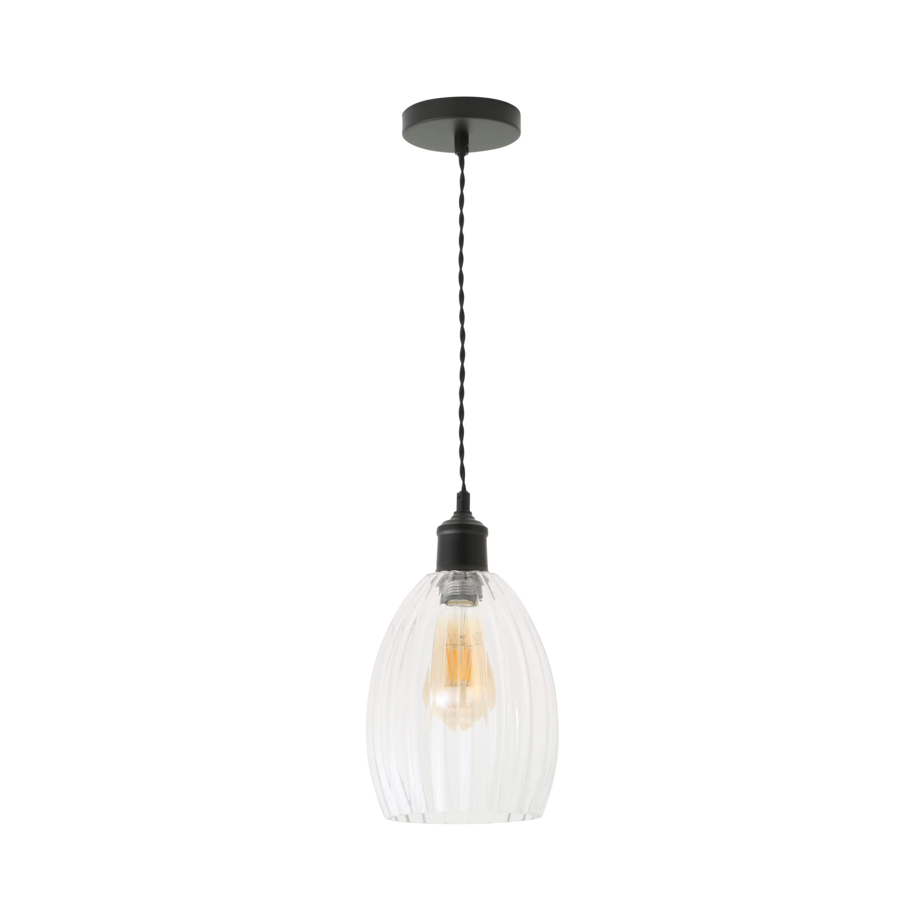 ValueLights Cheltenham Clear Ribbed Glass Dome Pendant Ceiling Light in Black