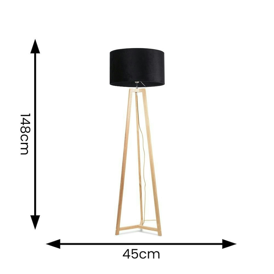image 1 of ValueLights Lottie Natural Wood Tripod Floor Lamp with Black Velvet Drum Shade