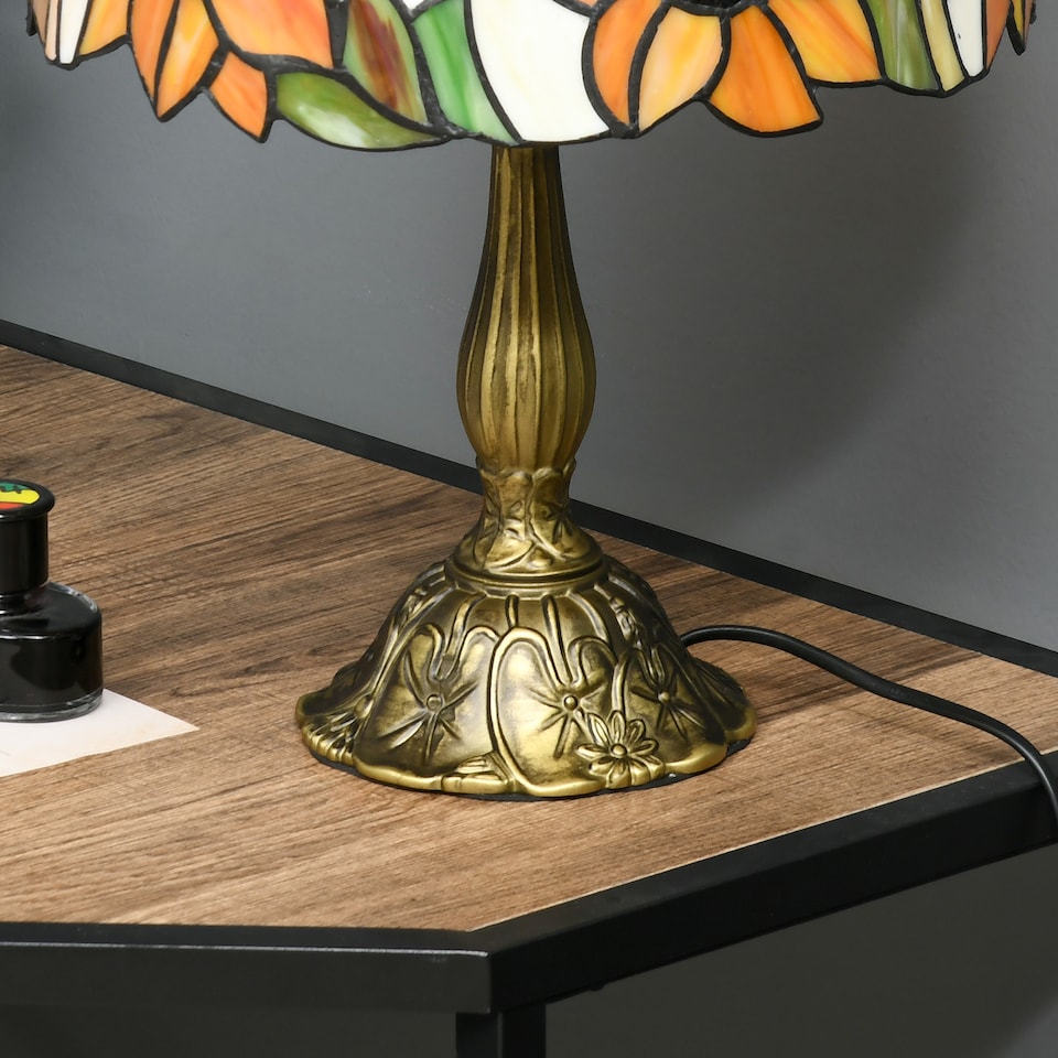 image 1 of HOMCOM Stained Glass Table Lamp, Handmade Antique Bedside Lamp for Bedroom, Living room, Home, Nightstand, Decorative Night Light, Orange Sunflower