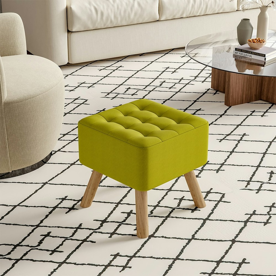 image 1 of Living and Home Linen Fabric Padded Footstool with Wooden Leg, Green