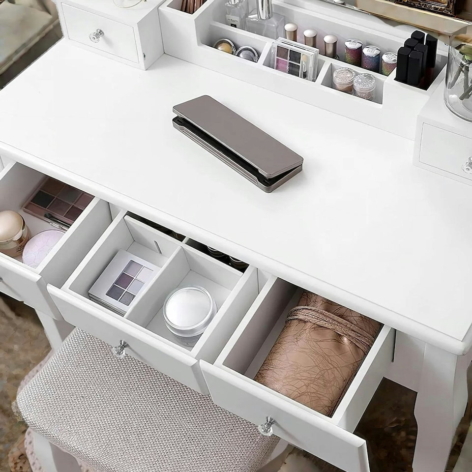 image 1 of 5 Drawer White Dressing Table With Mirror And Stool White