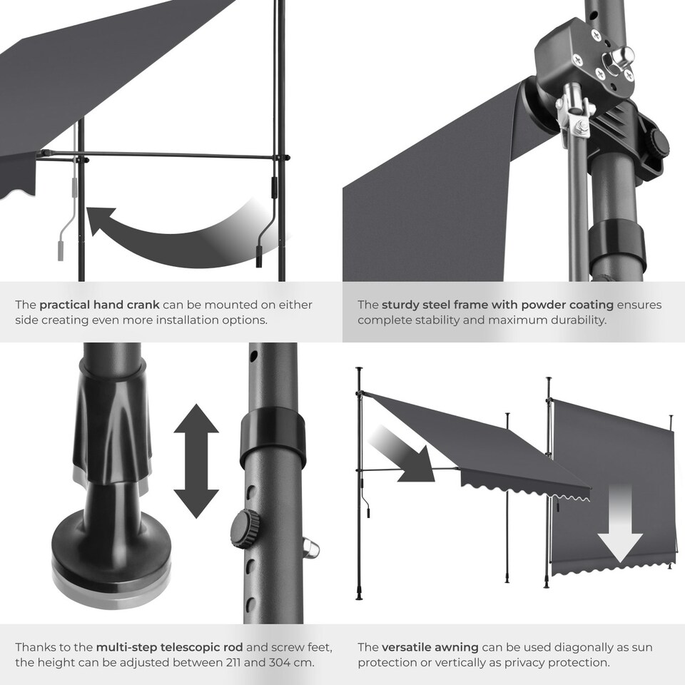 image 1 of Awning with hand crank - pressure fitted , height adjustable Black | Grey | 180 x 250 cm