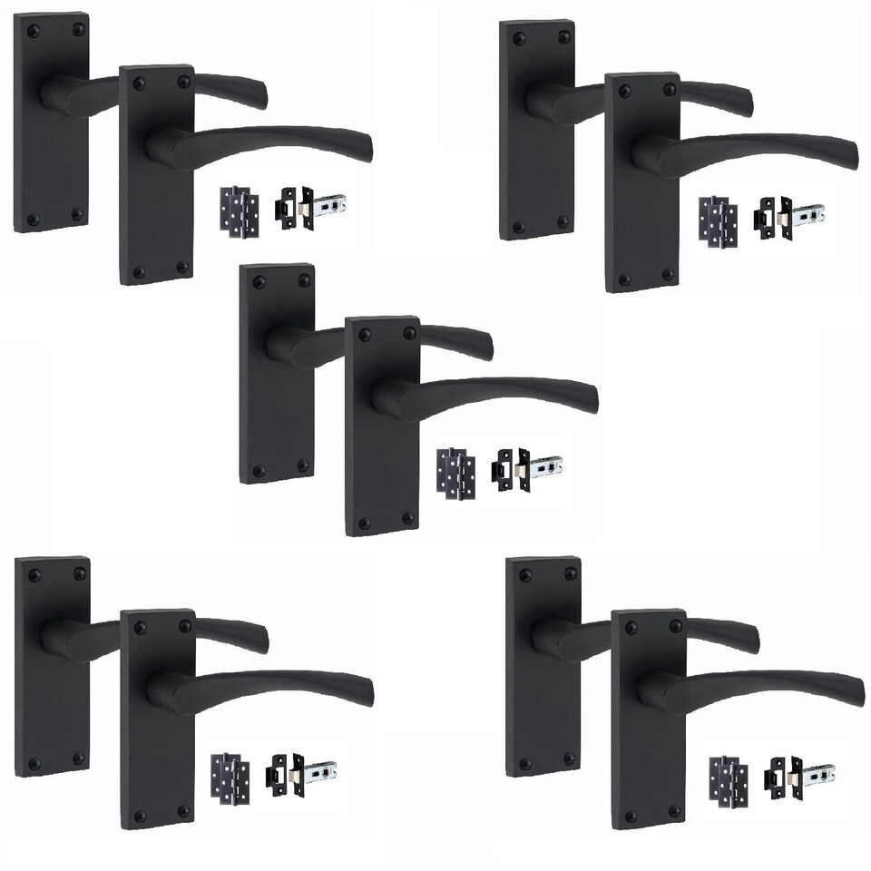 image 1 of Golden Grace 5 Sets Victorian Scroll Astrid Door Handles Latch in Matt Black with 1 Pair of 3" Ball Bearing Hinges & Latches Pack - 120mm x 40mm Backplate Black