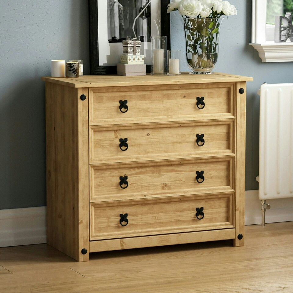 image 1 of Vida Designs Corona 4 Drawer Rustic Chest of Drawers Bedroom Storage, Solid Pine Wood