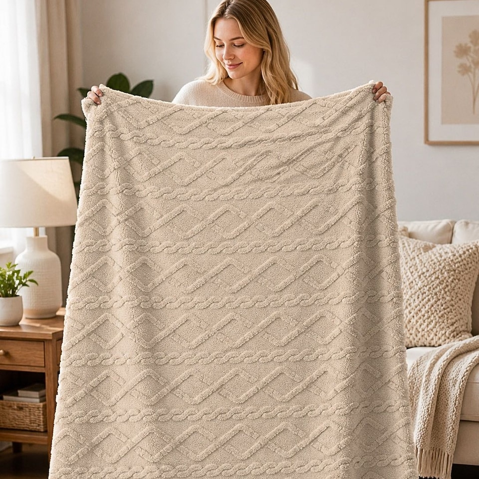 image 1 of Soft Cable Throw Blanket – Cosy Textured Home Decorative Warm Blanket 150 x 200cm