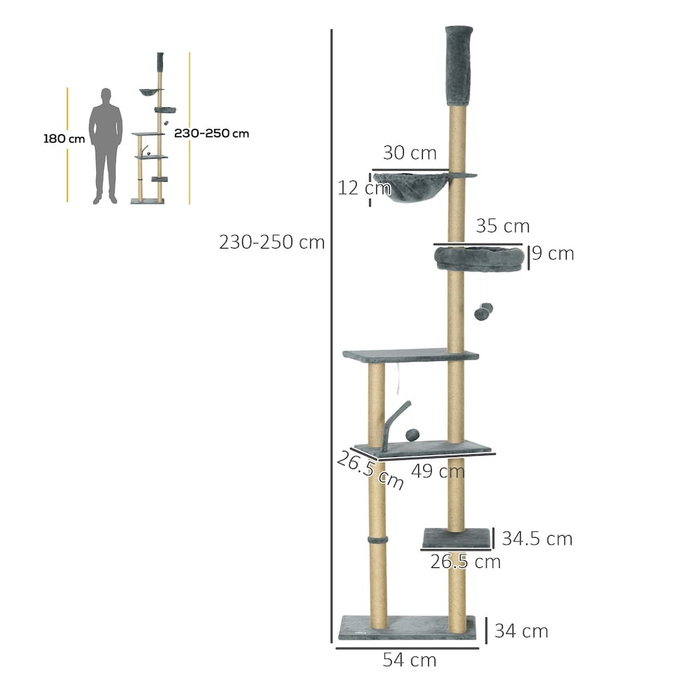 image 1 of PawHut Floor To Ceiling Cat Tree 6-Tier with Scratch Post Bed Hammock Grey