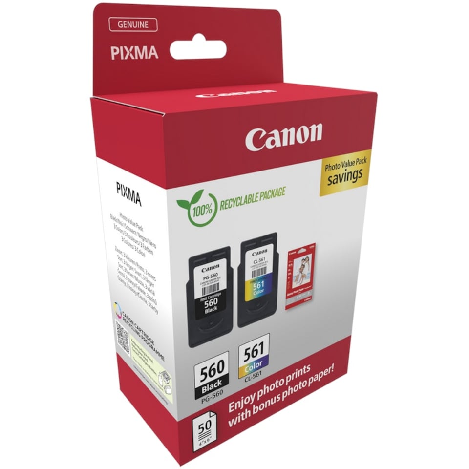 image 1 of Canon PG560 Black & CL561 Colour Ink Cartridge Photo Value Pack Multi | Refilled Canon PG560 Black & CL561 Colour Ink Cartridge