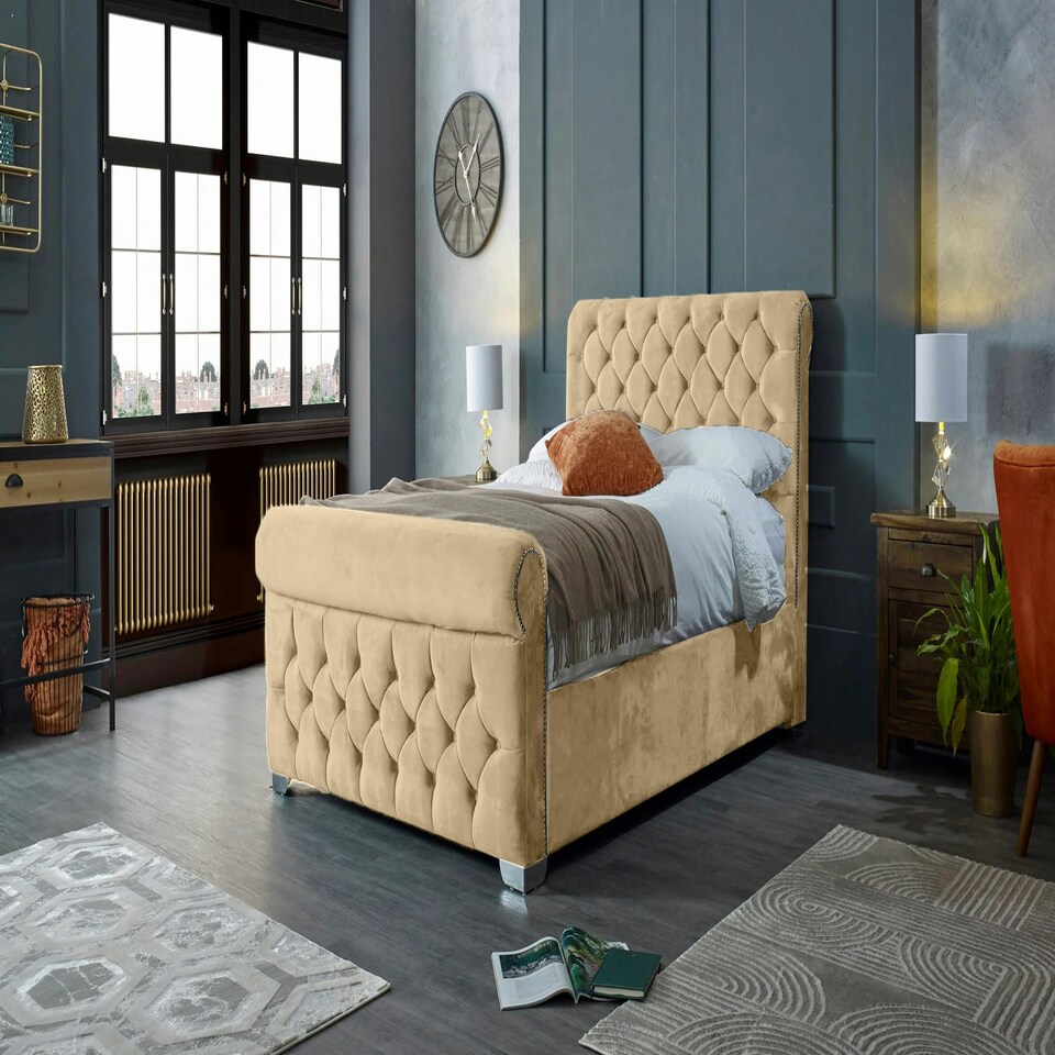 image 1 of Veneta Plush Beige Double Bed Frame - Beige