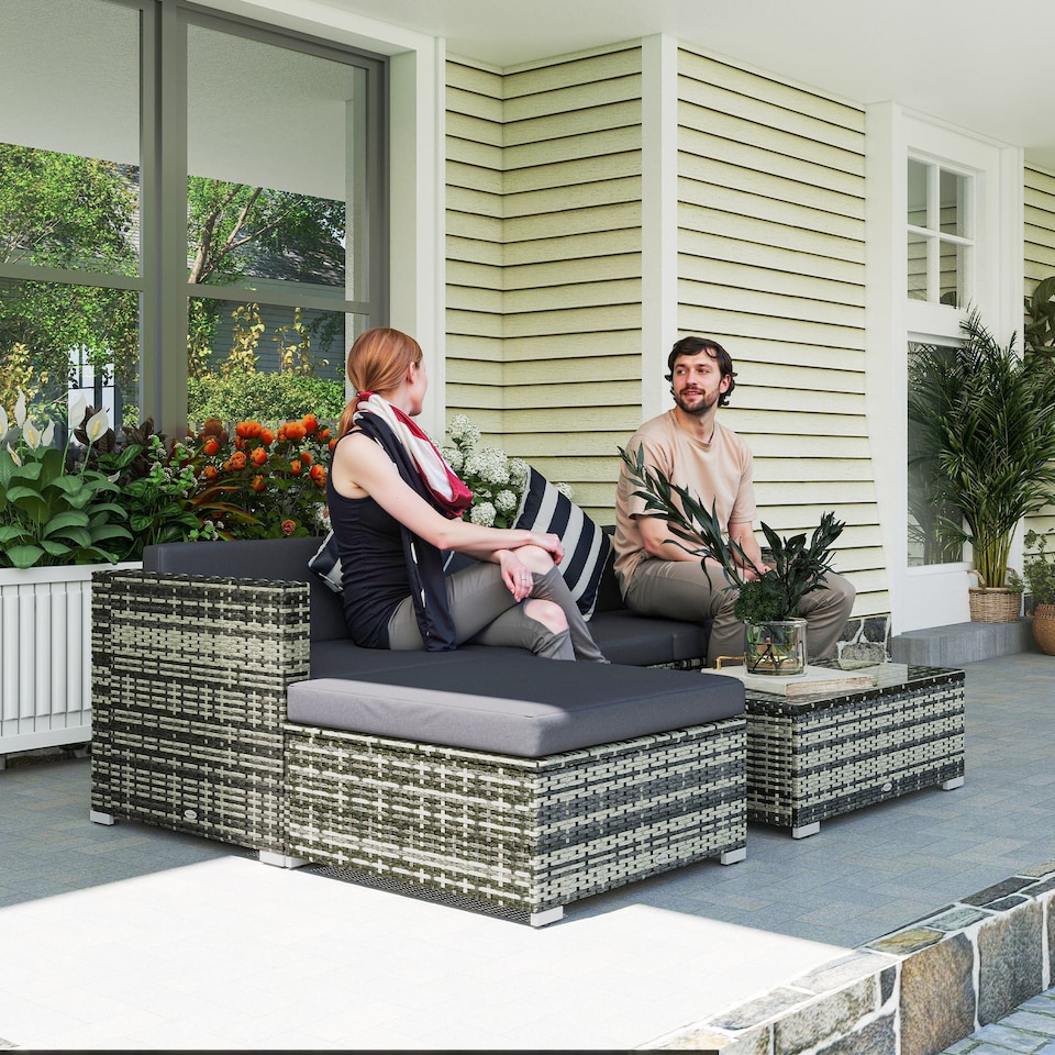 image 1 of Outsunny 5 Piece Rattan Garden Furniture Set, Outdoor Corner Sofa with 67 cm Wide & Deep Seat, Sectional Outdoor Furniture Conversation Set with Cushions, Glass Top Coffee Table for Patio, Mixed Grey