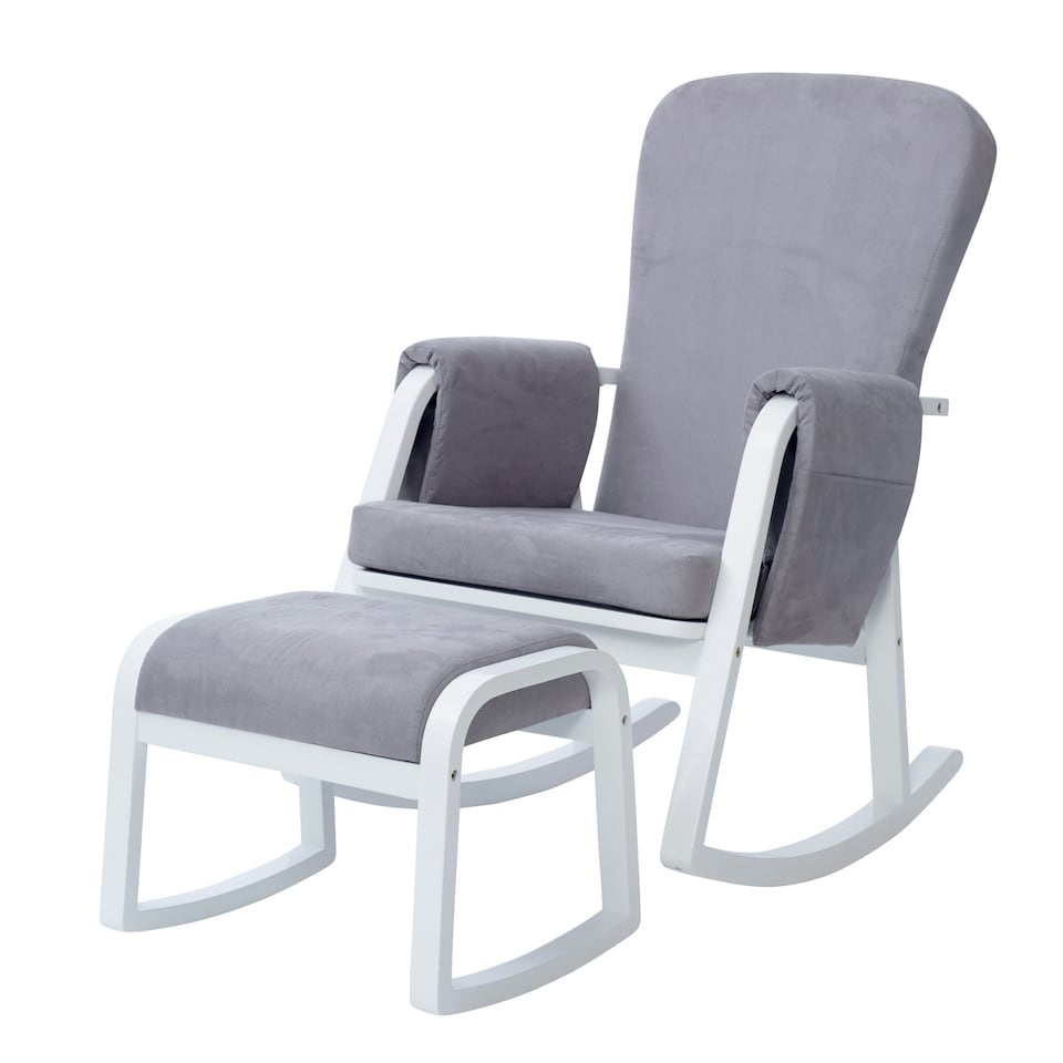 image 1 of Dursley Rocking Chair & Stool - Comfortable Rocking Chair With Padded Support, Suedette Fabric With Side Pockets & Compact Design (Pearl Grey)