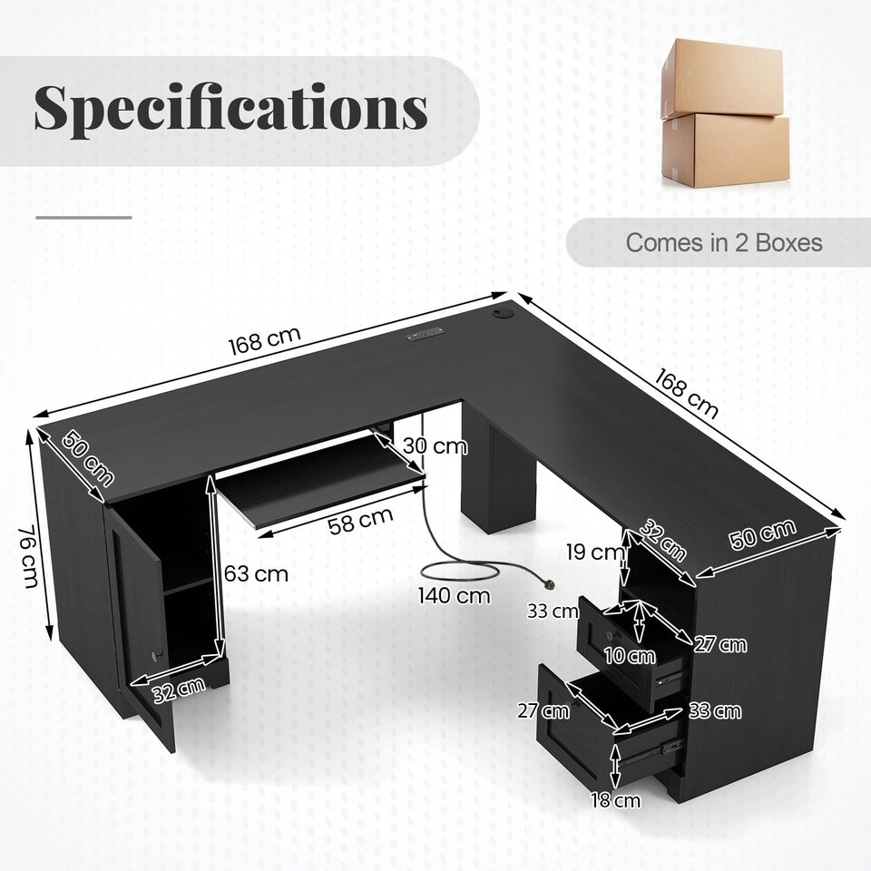 image 1 of COSTWAY 168 CM L-shaped Computer Desk w/Power Outlets Black Black