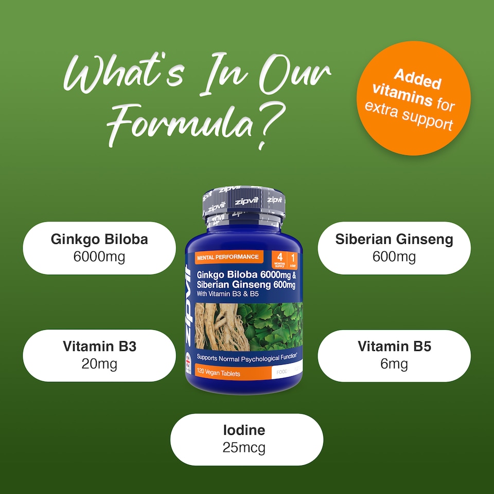 image 1 of Zipvit Ginkgo Biloba 6000mg & Siberian Ginseng 600mg with Vitamin B3 & B5, Energy & Mental Performance, 120 Vegan Tablets, 4-Month Supply