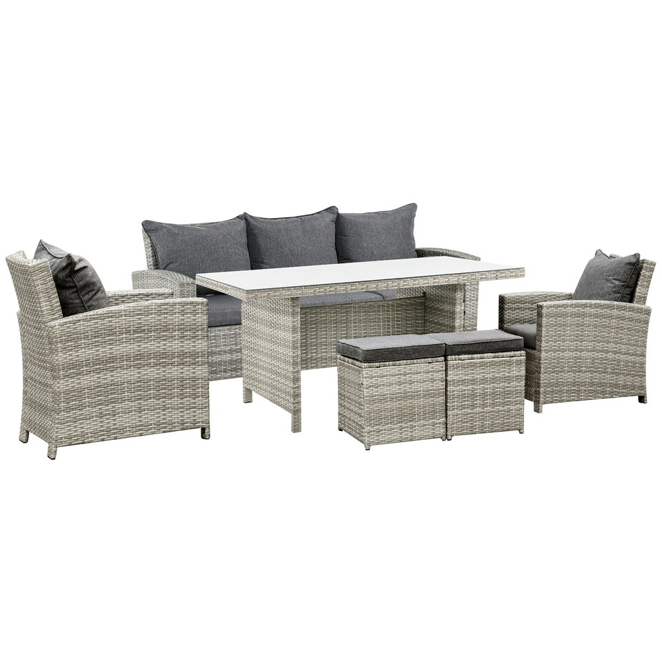 image 1 of Outsunny 6Pcs Rattan Sofa Set Coffee Table Footstool Outdoor w/ Cushion