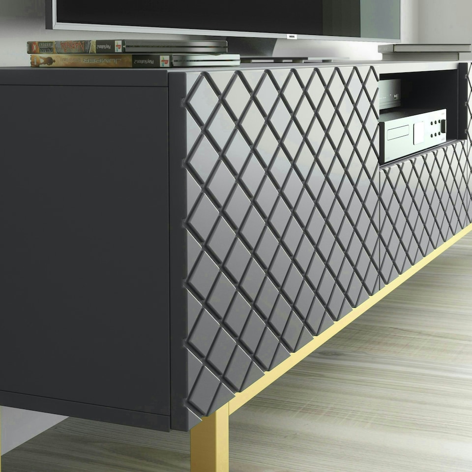 image 1 of Grey TV Unit 180cm Diamond Fronts Gold Legs Modern Media Cabinet | Grey | One Size | 1
