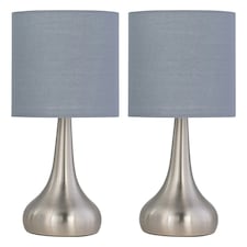 Set of 2 Romana - Brushed Chrome Touch Operated Table Lamps Bedside Lights Grey Cotton Shade Silver | Grey