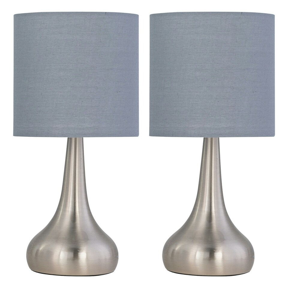 image 1 of Set of 2 Romana - Brushed Chrome Touch Operated Table Lamps Bedside Lights Grey Cotton Shade Silver | Grey