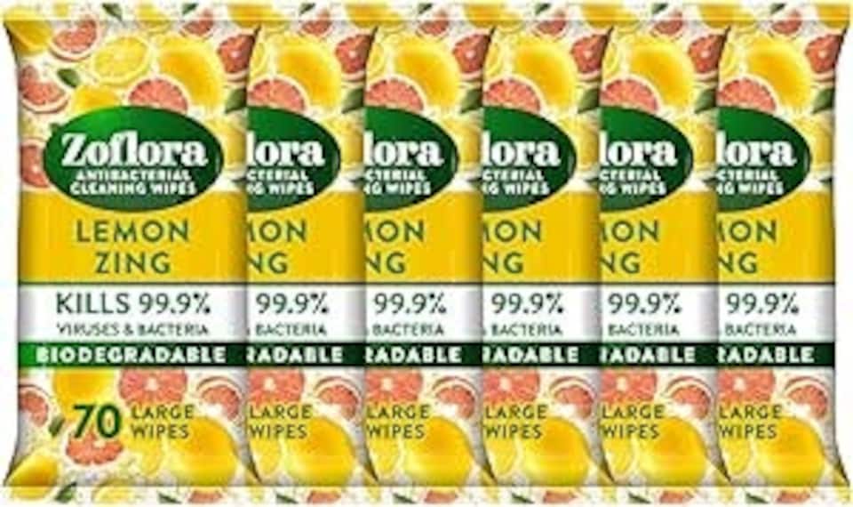image 1 of Zoflora Lemon Zing Large Biodegradeable Wipes, Antibacterial, 6x70 Wipes, Multi-Surface Disinfectant, Removes Odours & Kills 99.9% of Bacteria & Viruses