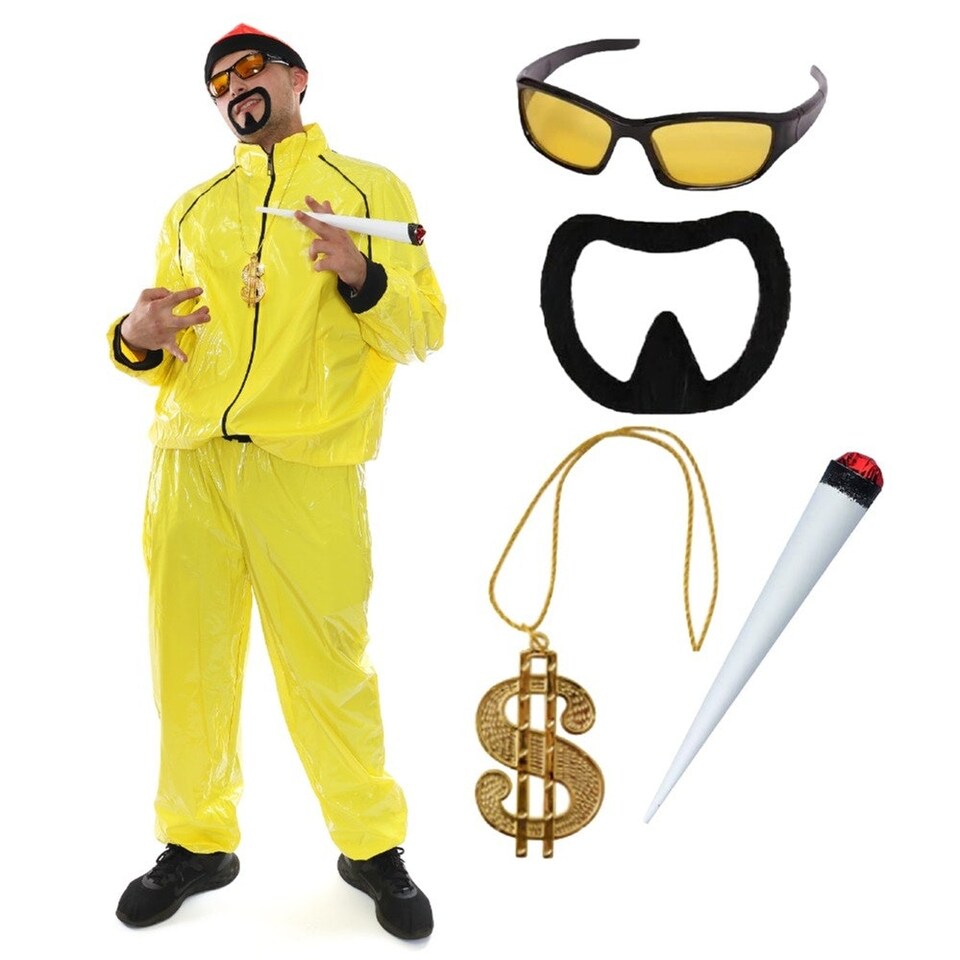 image 1 of 90's Rapper Costume - Red Hat, Glasses, Goatee, Dollar Chain & Spliff Yellow | L