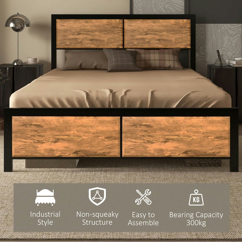 image 1 of HOMCOM Double Size Bed Frame, Steel Base w/ Headboard, 141.5 x 195cm