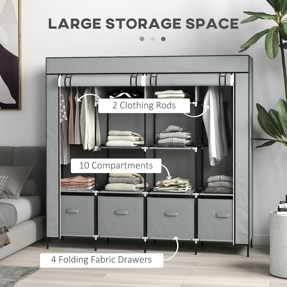 image 1 of HOMCOM Fabric Wardrobe w/ 12 Shelves 2 Hanging Rails Foldable Closets Grey