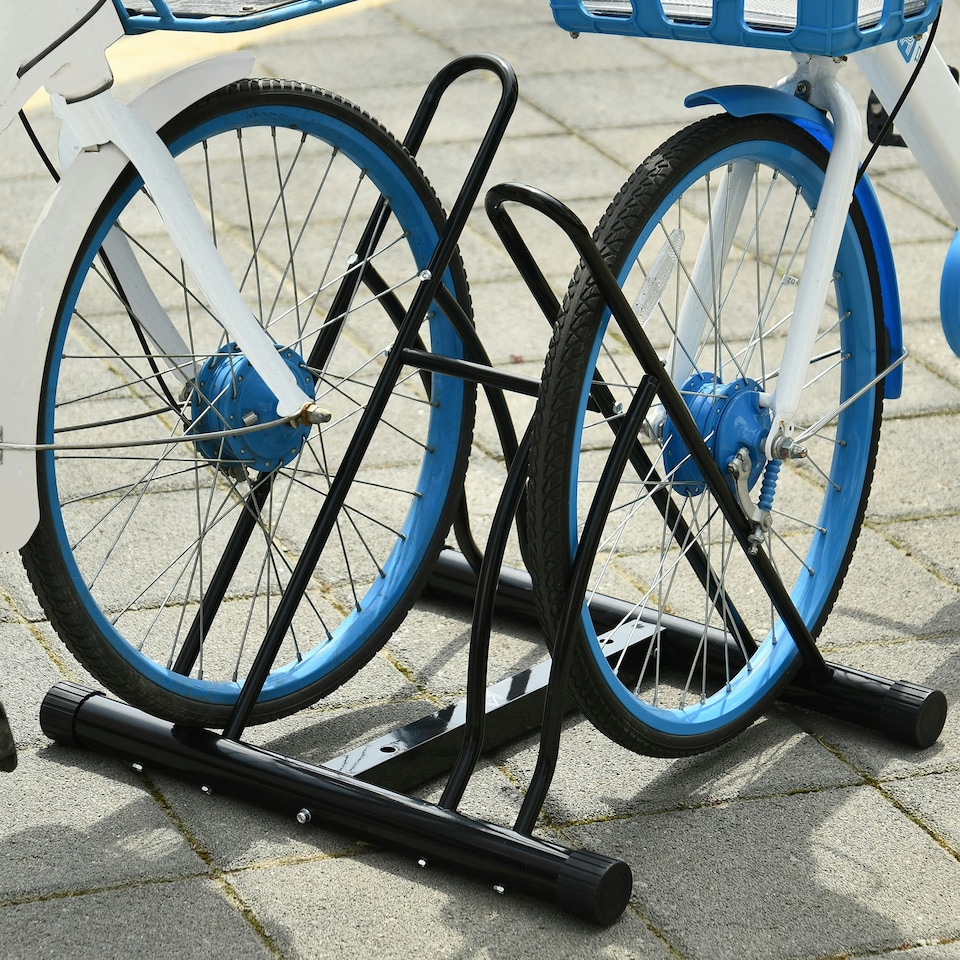 image 1 of HOMCOM Reversible 2 Bike Holding Rack Steel Frame Indoor Outdoor Foot Caps Stand